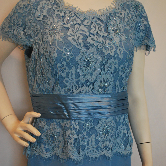 Long Blue Mothers Gown Lace Chiffon Satin Trim SS - Picture 5 of 8